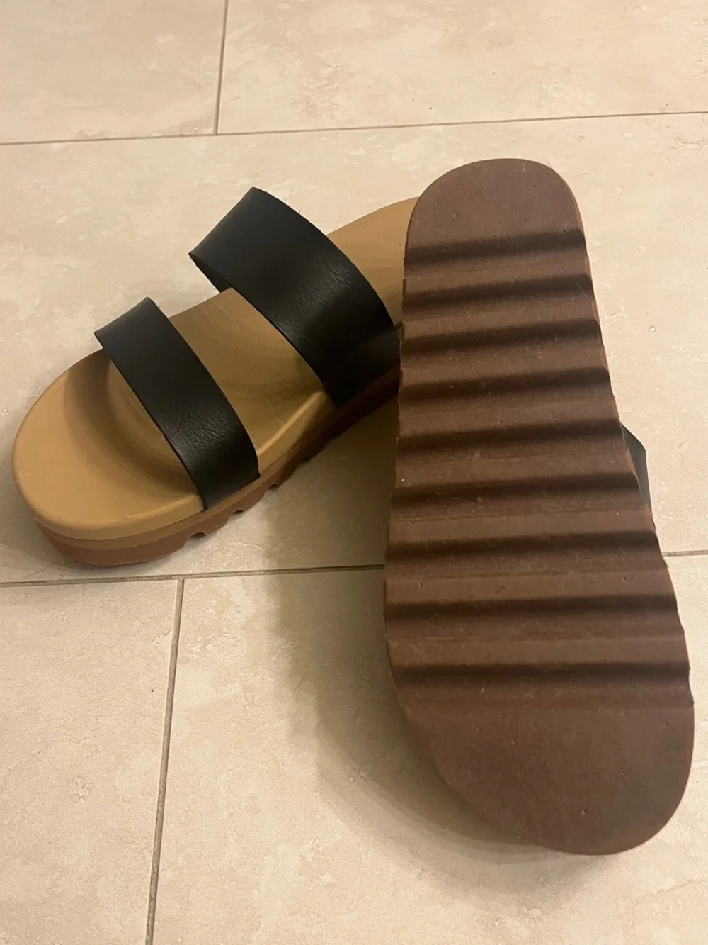 Reef Black and Tan Double-Strap Slide Sandals